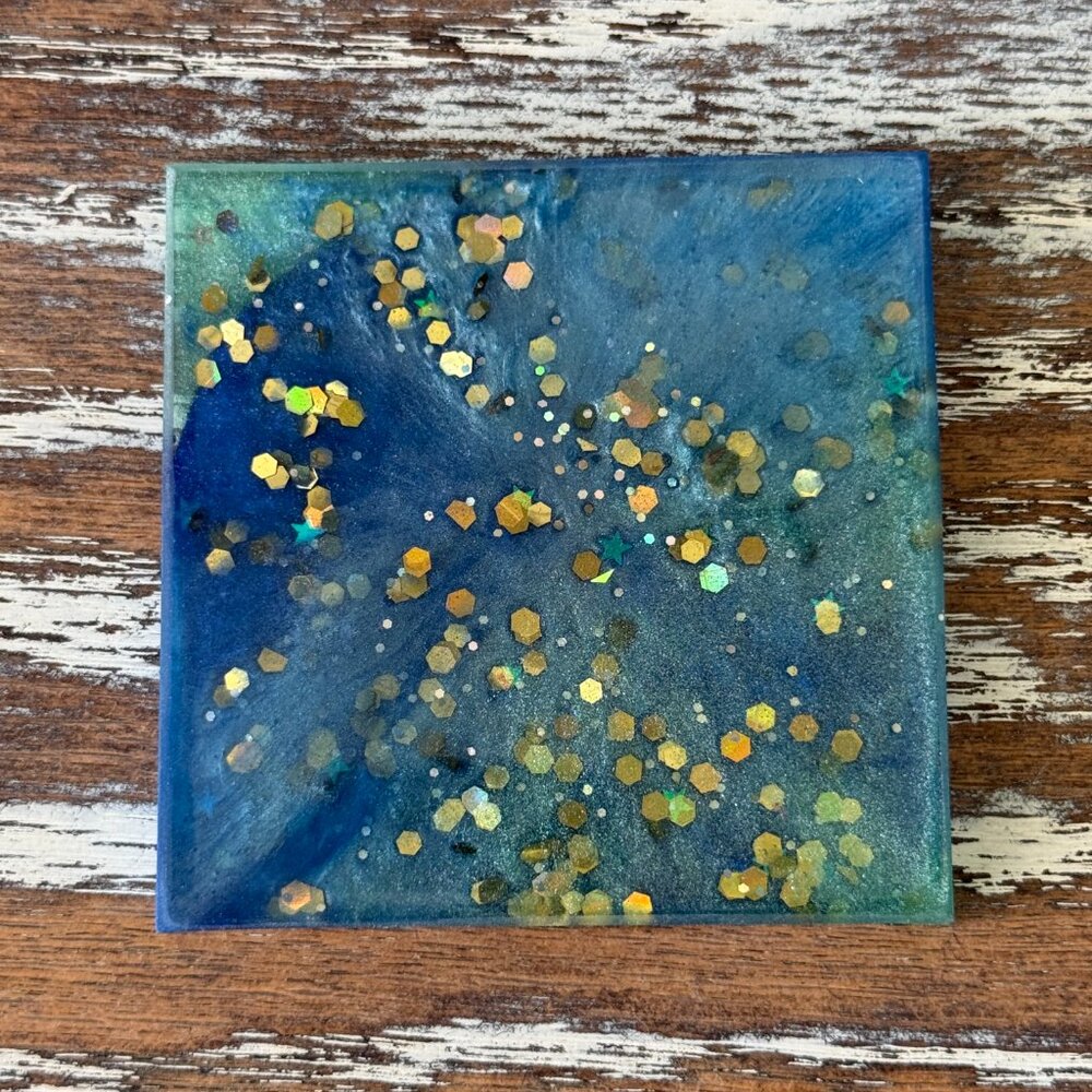 Blue Gold Galaxy Glitter Resin Drink Coasters Set of 4 House Housewarming Gift - Picture 5 of 7